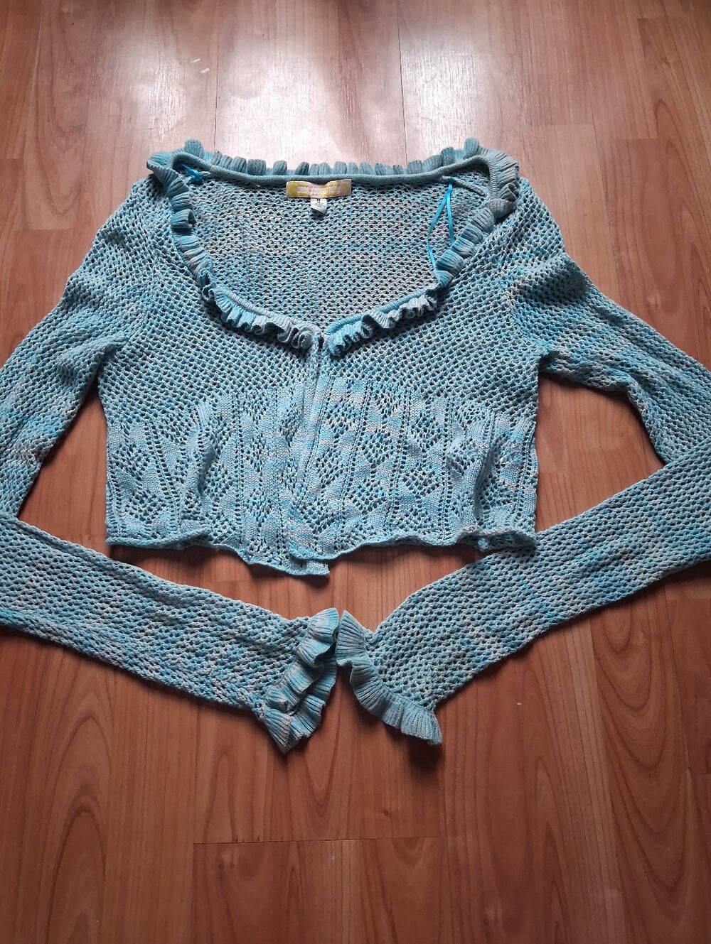 Urban Outfitters Crochet Cardigan Women's Size Medium Aqua Cream Ruffle Closure
